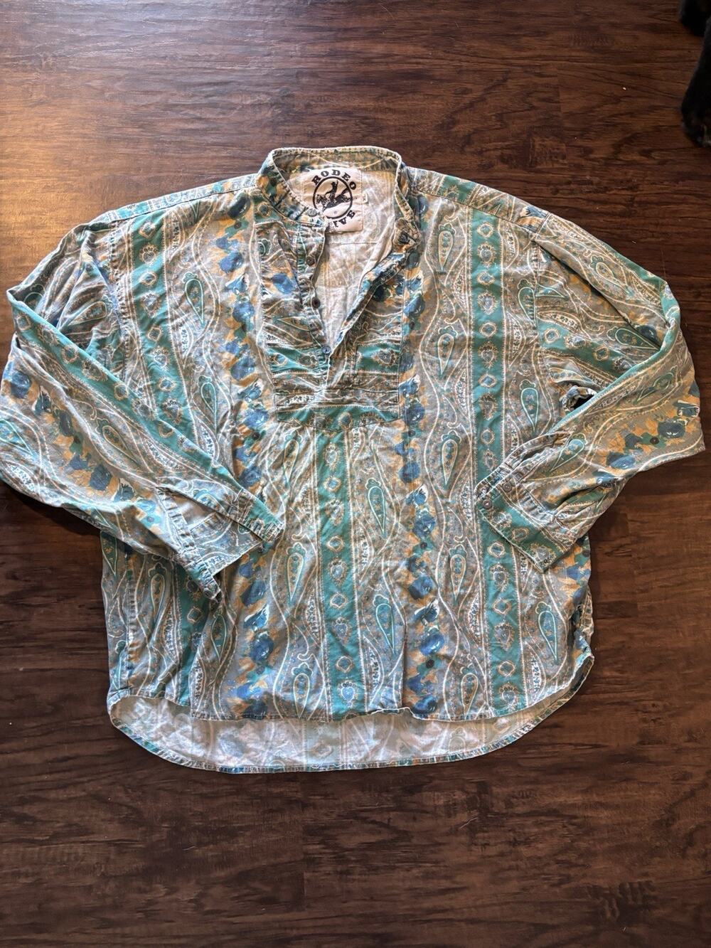 Rodeo Active Men's XL Regular Green/Blue/Tan Paisley Cotton LS Band Collar